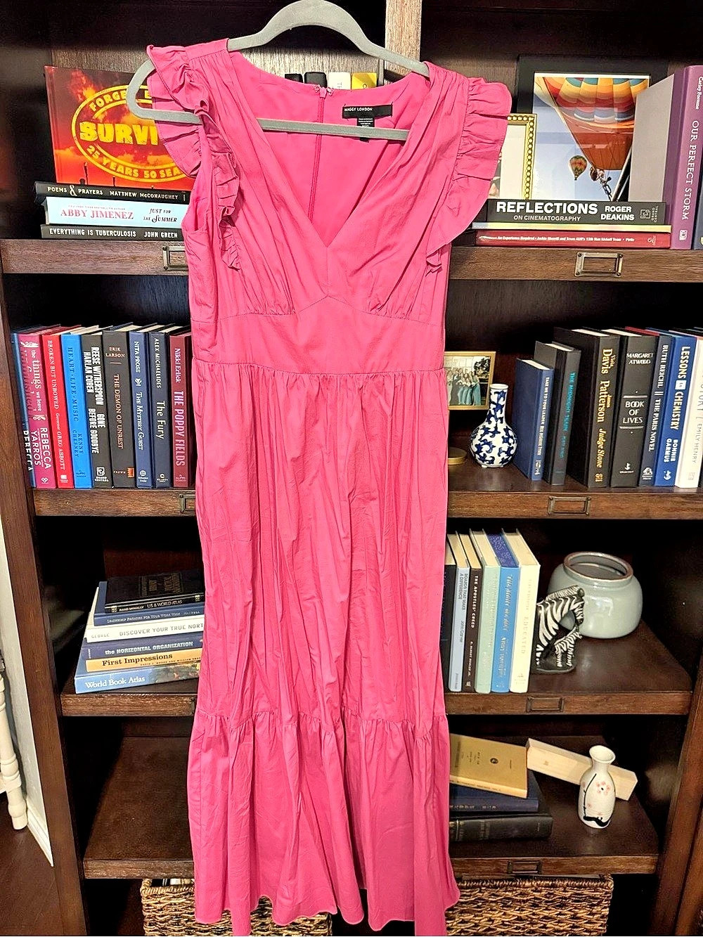 Maggy London Pink Ruffle Sleeve Maxi Dress Size 6 Like New